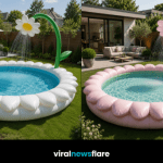 Colourful giant flower-shaped inflatable paddling pools with floral sprinklers in modern outdoor gardens