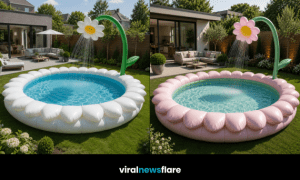 Colourful giant flower-shaped inflatable paddling pools with floral sprinklers in modern outdoor gardens
