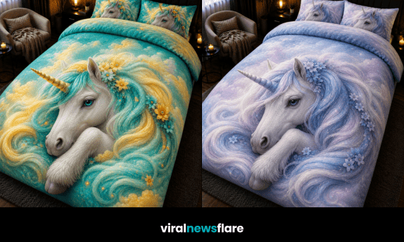Collection of magical unicorn bedding sets featuring pastel fantasy designs and cosy bedroom aesthetics
