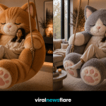 Oversized plush cat swing chair in a warm modern living room creating a cosy relaxation space