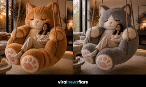 Oversized plush cat swing chair in a warm modern living room creating a cosy relaxation space