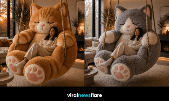 Oversized plush cat swing chair in a warm modern living room creating a cosy relaxation space
