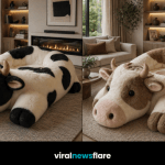 giant plush cow-shaped lounge chair as a statement seating piece in a contemporary living room