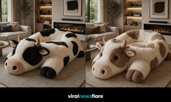 giant plush cow-shaped lounge chair as a statement seating piece in a contemporary living room