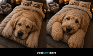 Collection of realistic dog bedding sets featuring Golden Retrievers, Huskies, and German Shepherds in cosy bedrooms