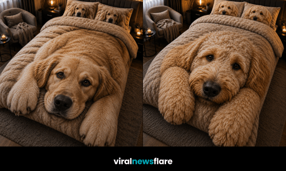Collection of realistic dog bedding sets featuring Golden Retrievers, Huskies, and German Shepherds in cosy bedrooms