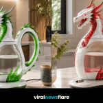 Collection of glowing Dragon Kettles in green, red, purple, and blue colour designs