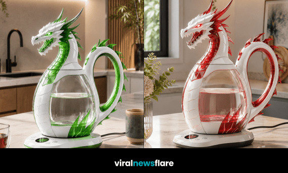 Collection of glowing Dragon Kettles in green, red, purple, and blue colour designs