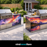 Luxury scenic outdoor kitchen islands featuring forest, ocean, mountain, and galaxy-inspired artwork designs for modern patios