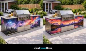 Luxury scenic outdoor kitchen islands featuring forest, ocean, mountain, and galaxy-inspired artwork designs for modern patios