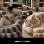 Oversized cat-shaped chair with plush faux fur texture in a modern cosy living room