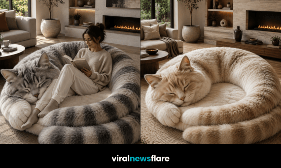 Oversized cat-shaped chair with plush faux fur texture in a modern cosy living room
