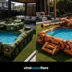 Giant inflatable tank-shaped paddling pools in multiple camouflage colours for modern gardens