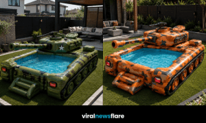 Giant inflatable tank-shaped paddling pools in multiple camouflage colours for modern gardens