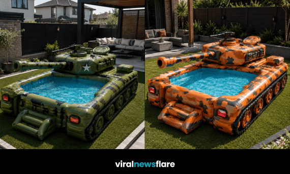 Giant inflatable tank-shaped paddling pools in multiple camouflage colours for modern gardens