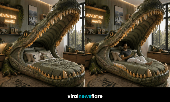 Giant crocodile-shaped luxury bed creating a bold wildlife-inspired bedroom design