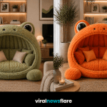 Collection of colourful frog-shaped lounge chairs in yellow, purple, orange and green in modern interiors