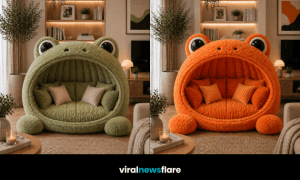 Collection of colourful frog-shaped lounge chairs in yellow, purple, orange and green in modern interiors