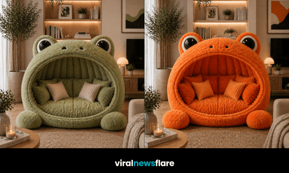 Collection of colourful frog-shaped lounge chairs in yellow, purple, orange and green in modern interiors