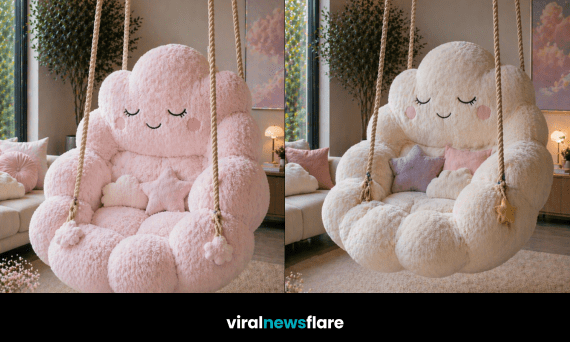 Collection of oversized cloud-shaped hanging chairs in pastel colours designed for cosy luxury interiors