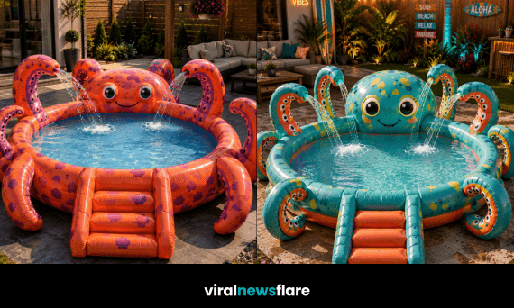 Colourful inflatable octopus paddling pools transforming modern gardens into playful summer spaces