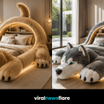 Collection of oversized dog-shaped plush beds including husky, pug, French bulldog, and golden retriever designs in luxury bedrooms