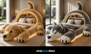 Collection of oversized dog-shaped plush beds including husky, pug, French bulldog, and golden retriever designs in luxury bedrooms