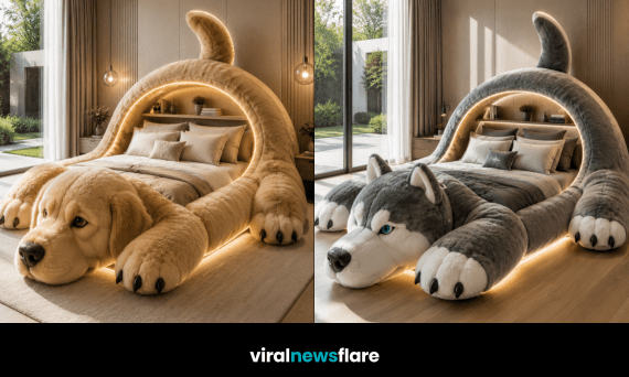 Collection of oversized dog-shaped plush beds including husky, pug, French bulldog, and golden retriever designs in luxury bedrooms