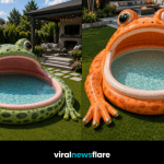 Colourful oversized frog-shaped paddling pools transforming modern suburban gardens