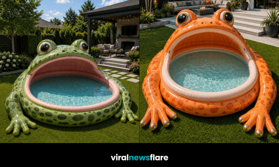 Colourful oversized frog-shaped paddling pools transforming modern suburban gardens