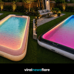 stylish inflatable LED paddling pool glowing at sunset in a contemporary UK suburban garden with outdoor seating