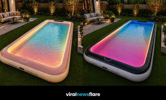 stylish inflatable LED paddling pool glowing at sunset in a contemporary UK suburban garden with outdoor seating