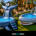Giant animal-shaped inflatable paddling pools featuring whale, dolphin, orca and shark designs in modern gardens