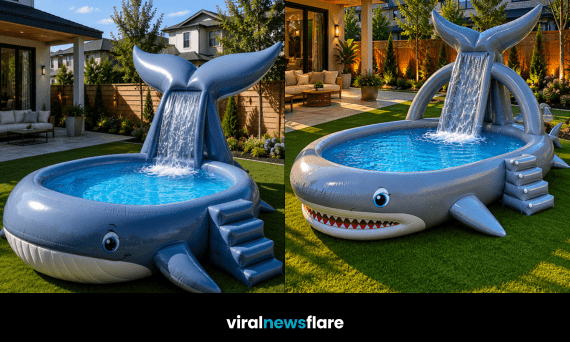 Giant animal-shaped inflatable paddling pools featuring whale, dolphin, orca and shark designs in modern gardens