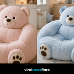 Collection of oversized teddy bear armchairs in pastel colours styled in cosy modern children’s bedrooms