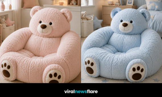 Collection of oversized teddy bear armchairs in pastel colours styled in cosy modern children’s bedrooms