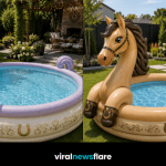 Collection of giant horse-shaped inflatable paddling pools in colourful modern garden settings