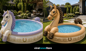 Collection of giant horse-shaped inflatable paddling pools in colourful modern garden settings