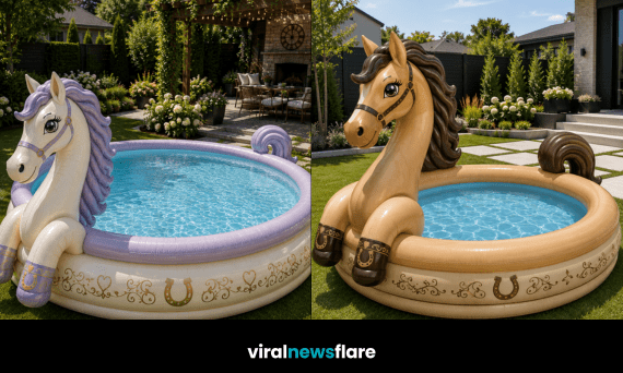 Collection of giant horse-shaped inflatable paddling pools in colourful modern garden settings