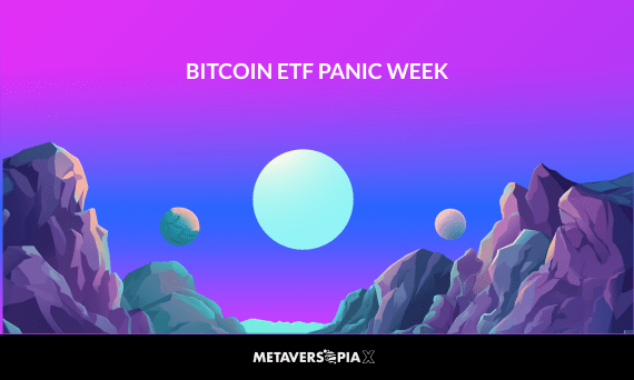 Futuristic purple and blue crypto-themed landscape with the text “Bitcoin ETF Panic Week” representing Bitcoin market volatility and ETF outflows in 2026.