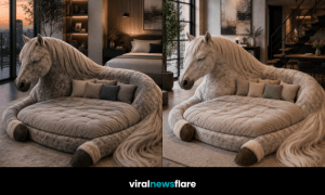 Luxury oversized horse-shaped lounge bed with plush seating inside a stylish modern home