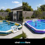 Oversized inflatable sports pool arena with volleyball net and football goals creating the ultimate summer garden entertainment setup