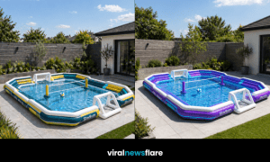 Oversized inflatable sports pool arena with volleyball net and football goals creating the ultimate summer garden entertainment setup