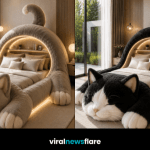 Collection of luxury cat-shaped beds featuring giant sleeping cat designs, LED lighting, and modern bedroom interiors.