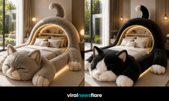 Collection of luxury cat-shaped beds featuring giant sleeping cat designs, LED lighting, and modern bedroom interiors.