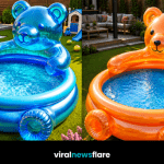 Collection of colourful bear-shaped inflatable paddling pools transforming modern gardens into fun summer retreats.