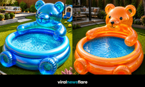 Collection of colourful bear-shaped inflatable paddling pools transforming modern gardens into fun summer retreats.