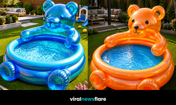 Collection of colourful bear-shaped inflatable paddling pools transforming modern gardens into fun summer retreats.