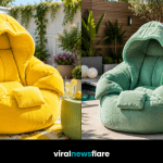 Collection of colourful outdoor hoodie bean bag chairs creating cosy and stylish garden seating areas