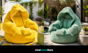 Collection of colourful outdoor hoodie bean bag chairs creating cosy and stylish garden seating areas